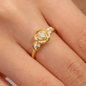 Anillo de Compromiso Romántico con Diamante Natural en Corte Corazón, Forma de Rosa Floral, con Piedra Lateral en Forma de Pera, Regalo para Mujer - Product Image 3
