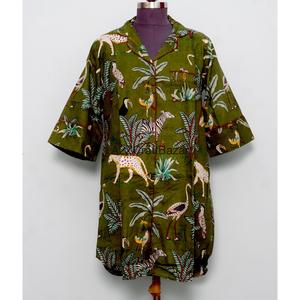 Camisa Larga Estilo Kimono Formal/de Noche 100% Algodón Puro para Mujer, Estampado Floral, Abertura Frontal con Cuello en V, Camisa Kimono para Chicas - Product Image 1