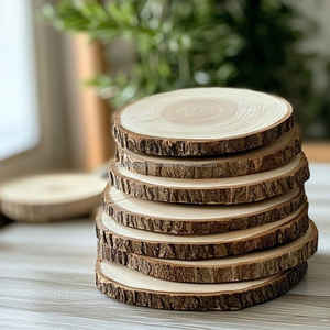 Sous-verres en bois rond rustique non fini, écologiques, à faire soi-même, avec écorce pour décorations de table, tranches de bois polies, personnalisables - Product Image 1