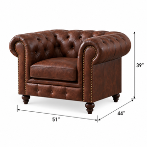 Sillón Chesterfield de cuero genuino con respaldo capitoné para sala de estar, sillón de cuero marrón con patas de madera, muebles de cuero - Product Image 2