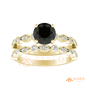 Ensemble de bagues de fiançailles et alliance de mariage pour femme, plaqué or, avec moissanite noire taille ronde et halo, USA - Product Image 4