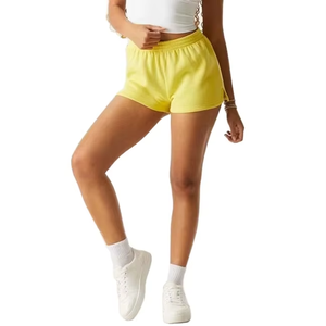 Shorts en molleton tricoté jaune uni pour femme, taille mi-haute, avec cordon de serrage, coupe régulière, décontracté, respirant, écologique, 100 % coton - Product Image 1