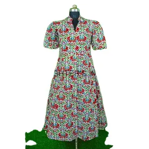 Gaun katun wanita panjang gaun malam katun murni motif blok tangan grosir dan pabrikan dengan sabuk dan kancing