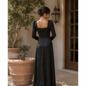 Vestido de noche de satén negro de lujo para mujer – Vestido de fiesta largo hasta el suelo con manga larga - Product Image 2