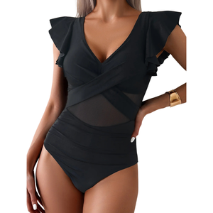 ชุดว่ายน้ำวันพีซชายหาดแขนระบาย คอวี ผ้าเนื้อนุ่ม ยืดหยุ่น ไหล่ระบาย ทรงเรียบง่าย สไตล์รีสอร์ท รับผลิตแบบ ODM OEM และสั่งทำพิเศษ - Product Image 4