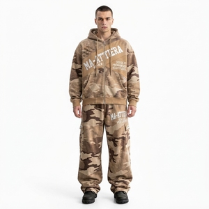 Men Khaki <b>Camouflage</b> Hoodie Tracksuit Set <b>Cargo</b> Jogger Pants Oversized Loose Fit Streetwear Custom OEM ODM Wholesale - Product Image 1