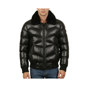 Men's Premium Quilted Leather Puffer <b>Jacket</b> with Genuine Shearling Collar J-1 Down Coat - Product Image 3