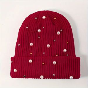 Elegante Gorro de Punto Hecho a Mano con Decoración de Perlas y Diamantes de Imitación, Color Sólido, Cálido para Invierno, Esquí, Aire Libre, Adultos, Unisex, Estilo Urbano - Product Image 3