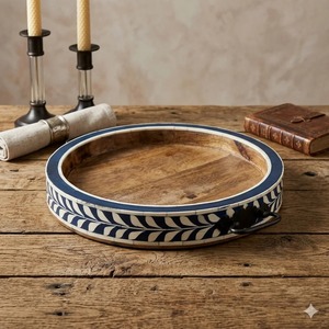Plateau de service décoratif en bois fait main avec incrustation d'os, plat rond décoratif, décoration de table de ferme - Product Image 6