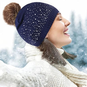 Custom Logo Embroidery Acrylic Winter Casual Knit Rhinestone Beanie <b>Hats</b> High Quality Designer Ribbed Rhinestone Beanies Cap - Product Image 4