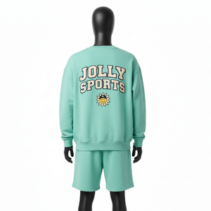 Ensemble sweat-shirt et short pour homme en molleton riche en coton 320 GSM, vert menthe, avec logo personnalisé imprimé à l'écran. - Product Image 2