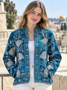 Veste en velours bleu brodée pour femme, col montant, motif floral, style bohème, pour l'automne - Product Image 1