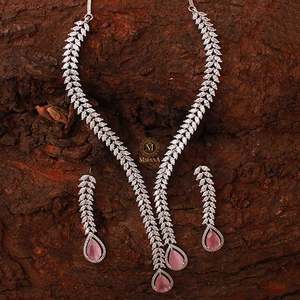 Kate V Line Pastel Pink Gold Plated Steel Vintage Bridal Necklace Set - Product Image 1