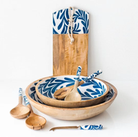 Ensemble de bols à salade en bois de manguier écologique, exquis et fait main, avec accents émaillés vibrants, personnalisable, pour fêtes, cuillères, déjeuner et pâtes