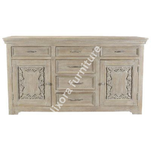 Luxury Handcrafted Solid Wood Sideboard Cabinet Ornate Scroll Carved Doors Distressed White Wash - Product Image 3