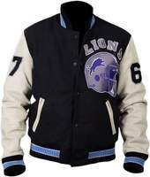 Blouson universitaire noir et crème pour homme avec patch casque de lion imprimé par transfert thermique, col rabattable, simple boutonnage, pour l'automne