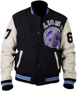 Blouson universitaire noir et crème pour homme avec patch casque de lion imprimé par transfert thermique, col rabattable, simple boutonnage, pour l'automne - Product Image 1