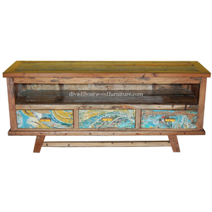 Meuble TV en bois de bateau recyclé, 3 tiroirs, style classique chinois, bois massif, design durable pour support TV - Product Image 1