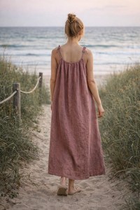 Robe longue décontractée d'été pour femme en lin écologique, col en V, sans manches, à nouer, coupe trapèze, ajustement régulier, fluide, pour la plage - Product Image 2