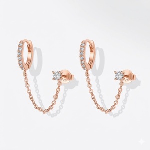 Boucles d'oreilles créoles Huggie plaquées or rose 14K pour doubles piercings, boucles d'oreilles chaîne en argent 925 pour femmes, boucles d'oreilles clous et manchettes d'oreille - Product Image 1