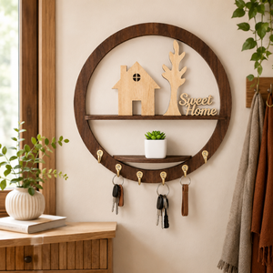 Modern Round Wooden <b>Key</b> Holder <b>Wall</b> Shelf <b>for</b> Entryway Decor | Decorative Sweet Home <b>Key</b> <b>Rack</b> with Storage Shelf & <b>Wall</b> Mounted - Product Image 5