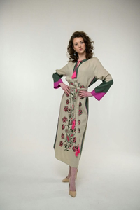 Bohemian Cotton Embroidered <b>Maxi</b> Dress Women Beige Floral Long Sleeve Tie Waist Vintage Ethnic <b>Kaftan</b> Dress - Product Image 4