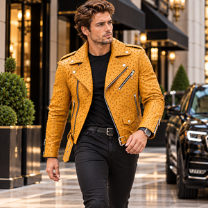 <b>Men</b>’s Ostrich Embossed Genuine Leather <b>Biker</b> <b>Jacket</b> Motorcycle <b>Jacket</b> Custom OEM Wholesale Genuine Leather Fashion <b>Jacket</b> - Product Image 3