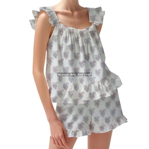 Femmes imprimé fleuri bloc coton main nuit costume Shorts pyjama ensemble printemps/été ajusté bretelles volants garniture manches PJ ensemble - Product Image 4