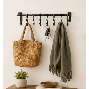 Heavy-Duty Wrought Iron Kitchen Rail Organizer Wall Mounted Rustic Farmhouse Hanging Rack with 10 Sliding <b>Hooks</b> for Pots Pans - Product Image 4
