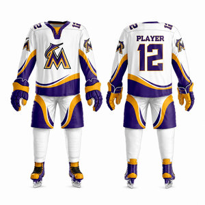 Ensemble de maillots de hockey sur glace de qualité export, blanc, violet, or, impression sublimée, évacuation de l'humidité, manches longues, uniforme de hockey sur glace pour adulte - Product Image 1