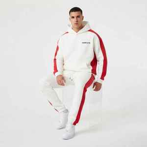 Men's <b>White</b> Red Color Block Hooded Winter <b>Tracksuit</b> Anti-Pilling Casual Loose Fit Full Length Drawstring Pocket Sweatshirt Pants - Product Image 5
