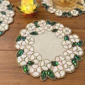 Pastel Floral Embroidered Knitted Round Polyester/Cotton Eco-Friendly Home & Hotel Use <b>Placemat</b> <b>Cream</b> Pink Gold Table Decor - Product Image 5