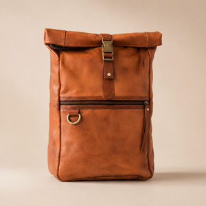 Vintage Tan Leather <b>Roll</b> <b>Top</b> <b>Backpack</b> Travel Laptop Bag Casual Rucksack with Buckle Zipper Pocket for Men Women - Product Image 3