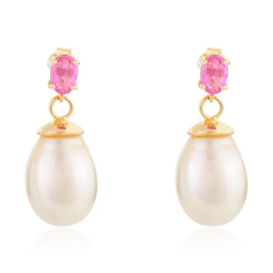 18K Gold Pearl Drop <b>Earrings</b> with Prong Set Pink Sapphire - Product Image 2
