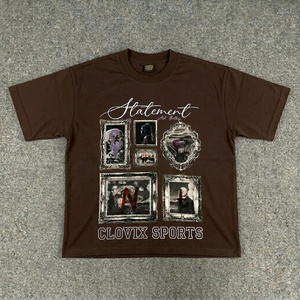 Camiseta de Algodón Grueso Marrón Personalizada para Hombre, Estilo Urbano, con Estampado Gráfico Artístico en Formato de Marco de Galería y Marca de Lujo - Product Image 1