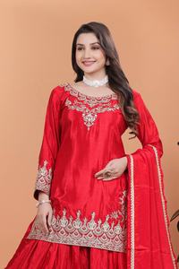 Recién lanzado Colección de moda Fancy Flared Kurta Plazzo Dupatta Pure Chinon Seda Atractivo Bordado Salwar Kameez - Product Image 3