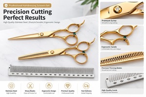 Ensemble de ciseaux de coiffure en acier inoxydable pour salon de coiffure, ciseaux de coupe, ciseaux à effiler, peigne, finition dorée - Product Image 3