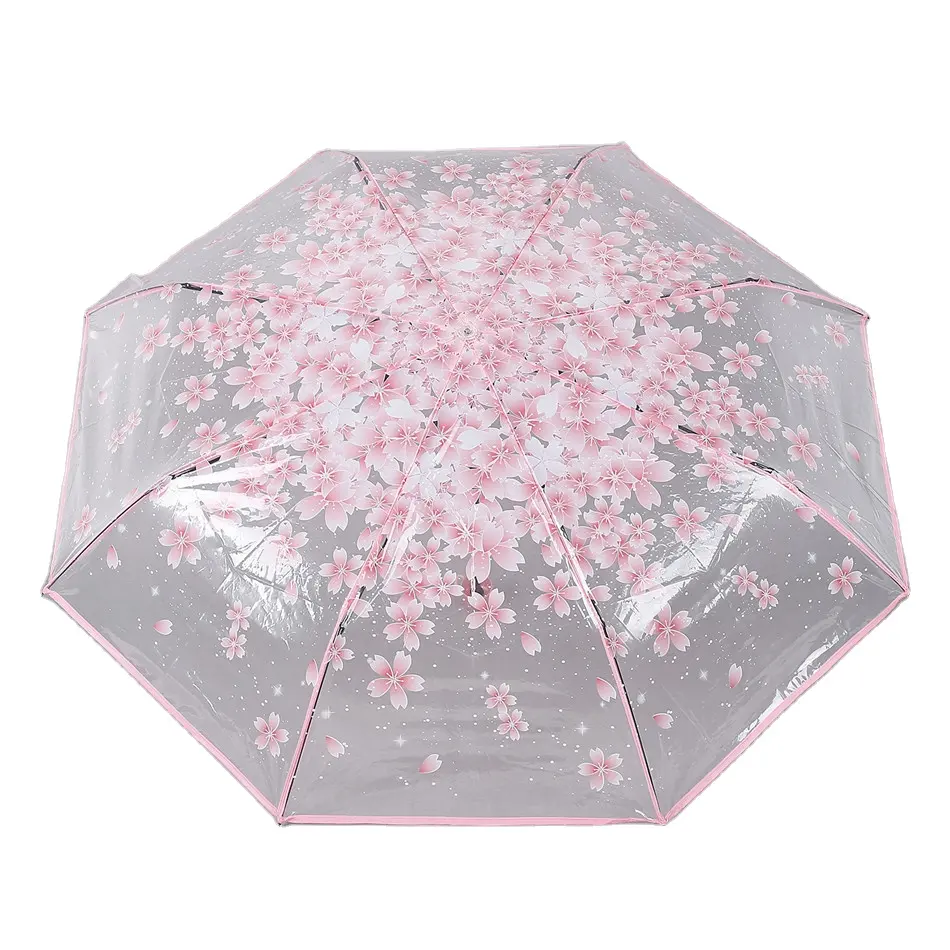 Feminino Princesa Umbrella Chuva Chuvas Crianças Senhora Rosa Flor de Plástico flores de Cerejeira Sombrinha Pequena Transparente Claro Parapluie