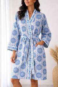 Albornoz de algodón gofrado estampado a mano en azul y blanco, largo, tipo kimono, para spa, hogar, hotel, playa, para mujer y hombre, venta al por mayor, personalizado, B2B - Product Image 3