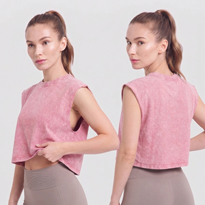 OEM Chaleco Corto de Gimnasio para Mujer, Estilo Urbano, con Efecto Lavado, Cuello Redondo, Hombros Cortados, Top Corto Vintage, Ajuste Holgado, Camiseta sin Mangas - Product Image 1
