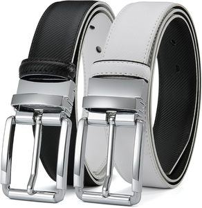 Cinturón Casual Reversible para Hombre, Color Negro y Blanco Sólido, Hebilla Cuadrada Plateada, Correa Ajustable, Cuero Vacuno Resistente - Product Image 1
