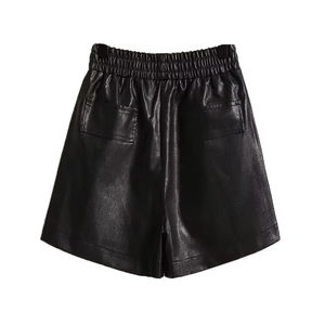 Women's High Waist Leather Shorts Loose Fit <b>Elastic</b> Waist With Pockets Moto Biker Style Solid Black OEM Sample Service - Product Image 1