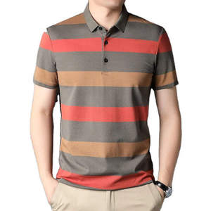 Polo en tricot rayé à manches courtes pour homme, style décontracté, coupe classique, gris, rouge, marron, motif à boutons sur le devant - Product Image 1