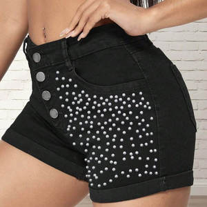 Women High Waist Black Denim Shorts With Rhinestone <b>Decoration</b> Asymmetric Style <b>Summer</b> Wear - Product Image 5