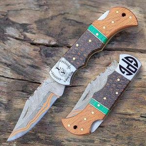 Cuchillo de bolsillo plegable portátil de acero de Damasco y cobre, con mango de madera de nido de abeja y bolster de acero, forjado a mano, con bloqueo trasero, para exteriores - Product Image 5