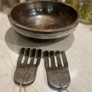 Ensemble de saladiers en bois de manguier écologique de forme ronde avec mains en bois Bols faits à la main pour servir la soupe, le riz et le dîner Usage quotidien - Product Image 5