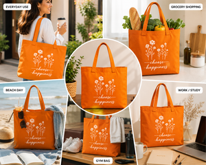 Bolsa de Tela con Diseño Floral 'Choose Happiness', Color Naranja, Estilo Minimalista, para Todas las Temporadas - Product Image 3