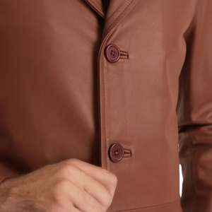 <b>Men</b>’s Cognac Brown Genuine <b>Leather</b> <b>Long</b> <b>Coat</b> Notch Lapel Four Button Premium Formal Casual Winter Outerwear - Product Image 5