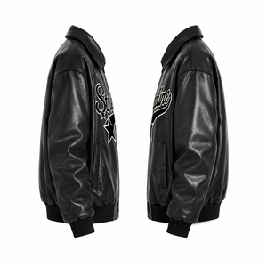 Veste en simili cuir noir pour homme, col rabattu, fermeture éclair, coupe classique, motif lettres, design patchwork - Product Image 3