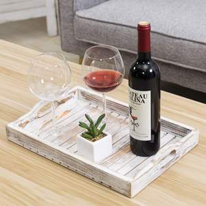 Bandeja de madera blanqueada para servir el desayuno con asas recortadas y diseño de listones, bandeja para mesa de centro o otomana. - Product Image 4